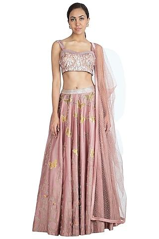 rose pink printed embroidered lehenga set