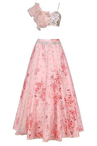 rose pink ruffle blouse with printed lehenga skirt set