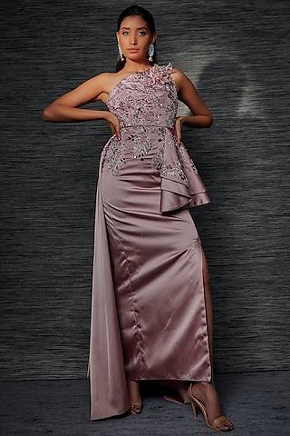 rose pink satin embroidered trail gown