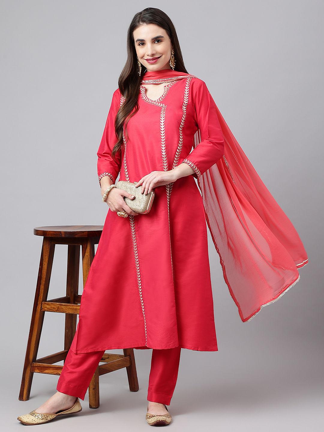 rose pink self design anarkali kurta with solid trousers & dupatta (set of 3)