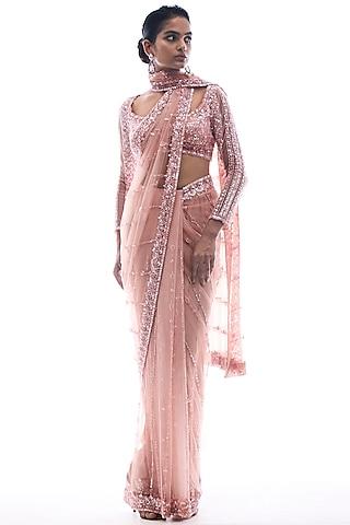 rose pink sequinned saree set