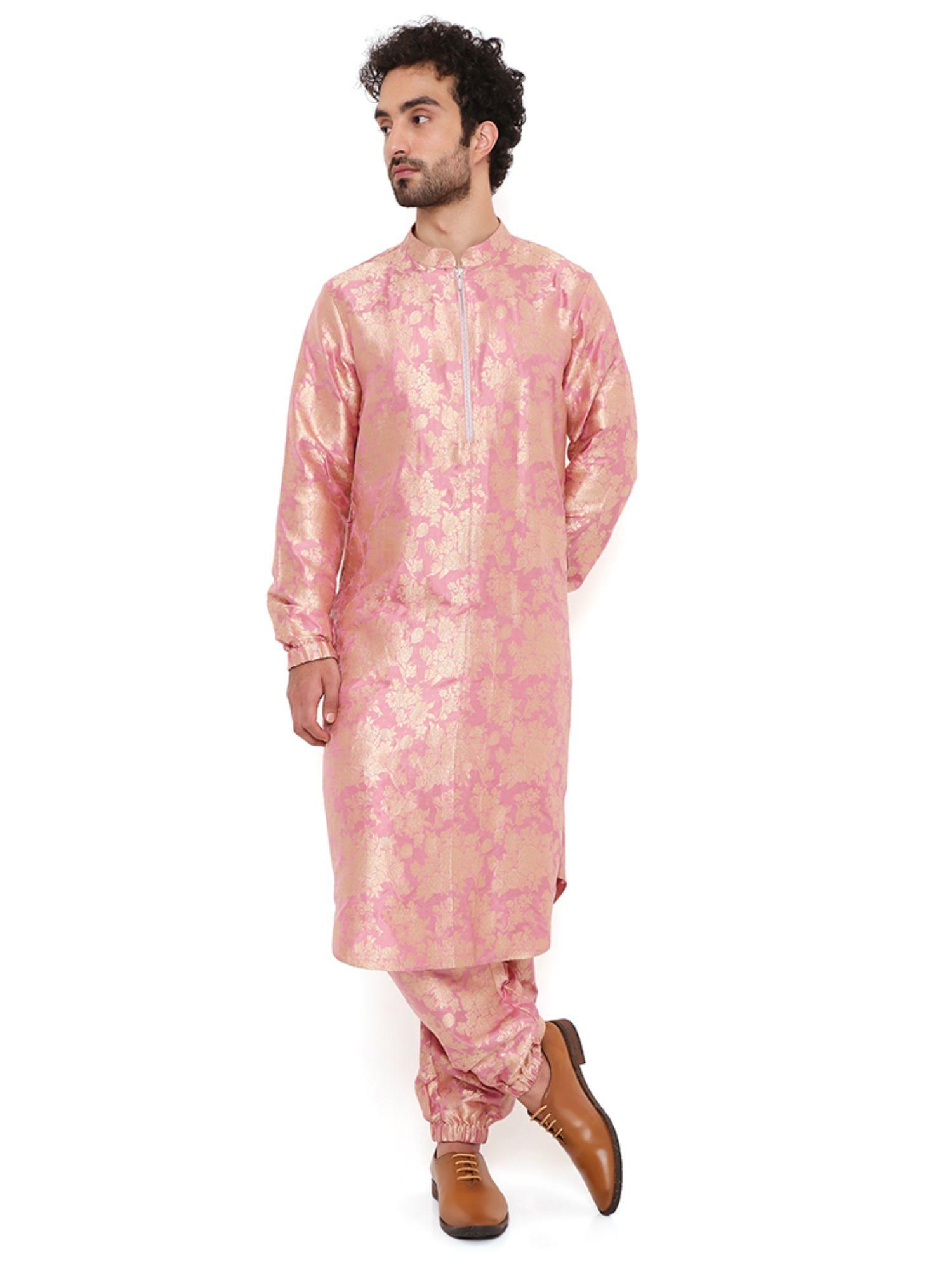 rose pink silk brocade kurta with salwar pant (set of 2)