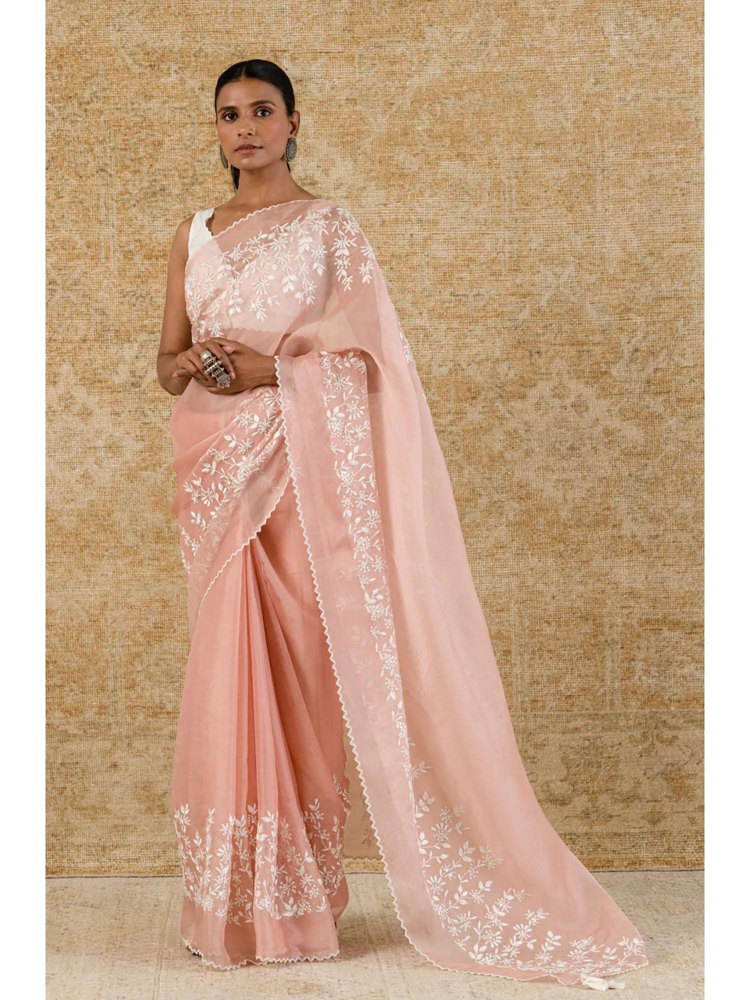 rose pink silk organza saree with stitched blouse (set of 2)