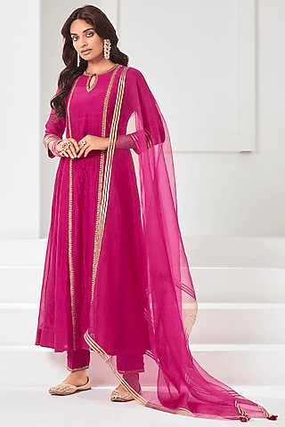 rose pink soft chanderi embroidered kurta set