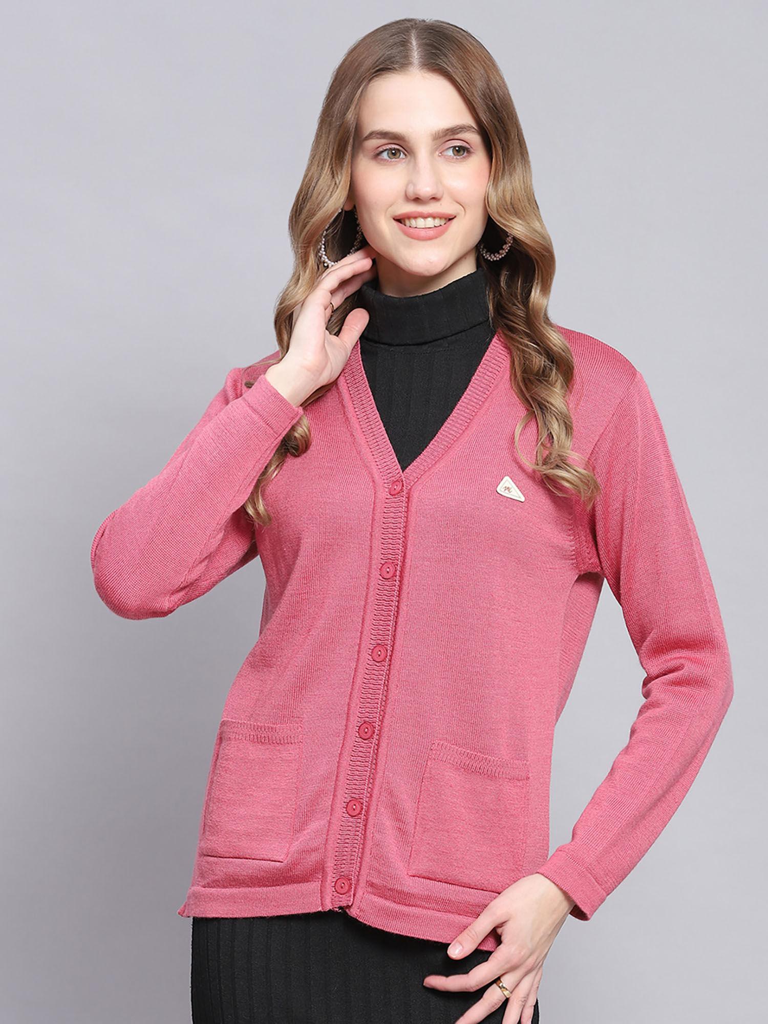 rose pink solid v neck cardigan