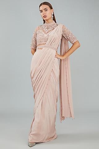 rose pink viscose crepe & net drape saree set
