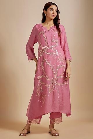 rose pink viscose silk hand embroidered kurta set