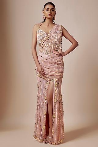 rose quartz pink tulle sequins embellished pre-stitched saree set