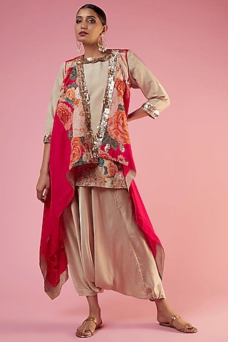 rose red cotton silk floral printed cape set