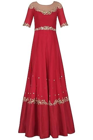 rose red embroidered anarkali gown set