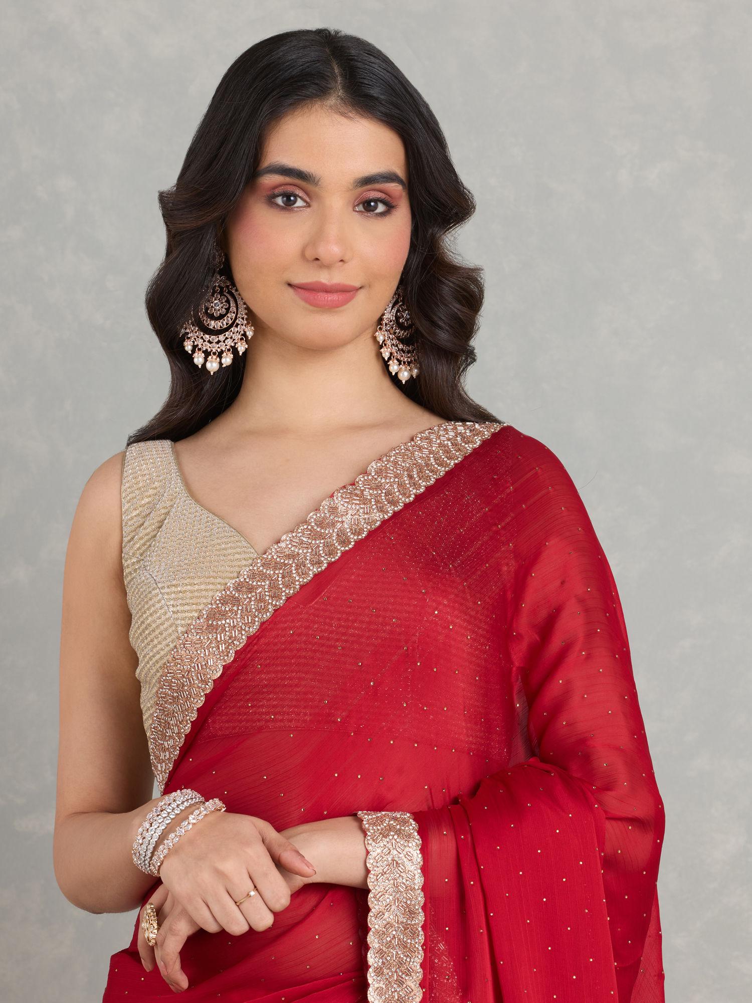 rose red georgette embroidered embellished party saree with unstitched blouse