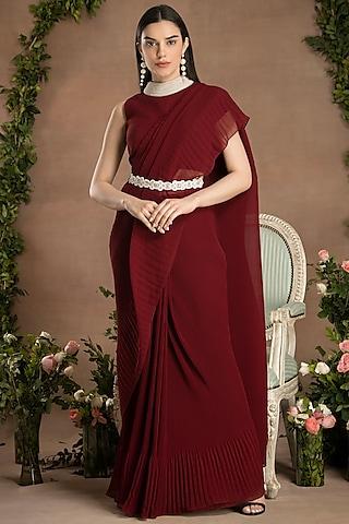 rose red georgette pleated pre-draped saree set