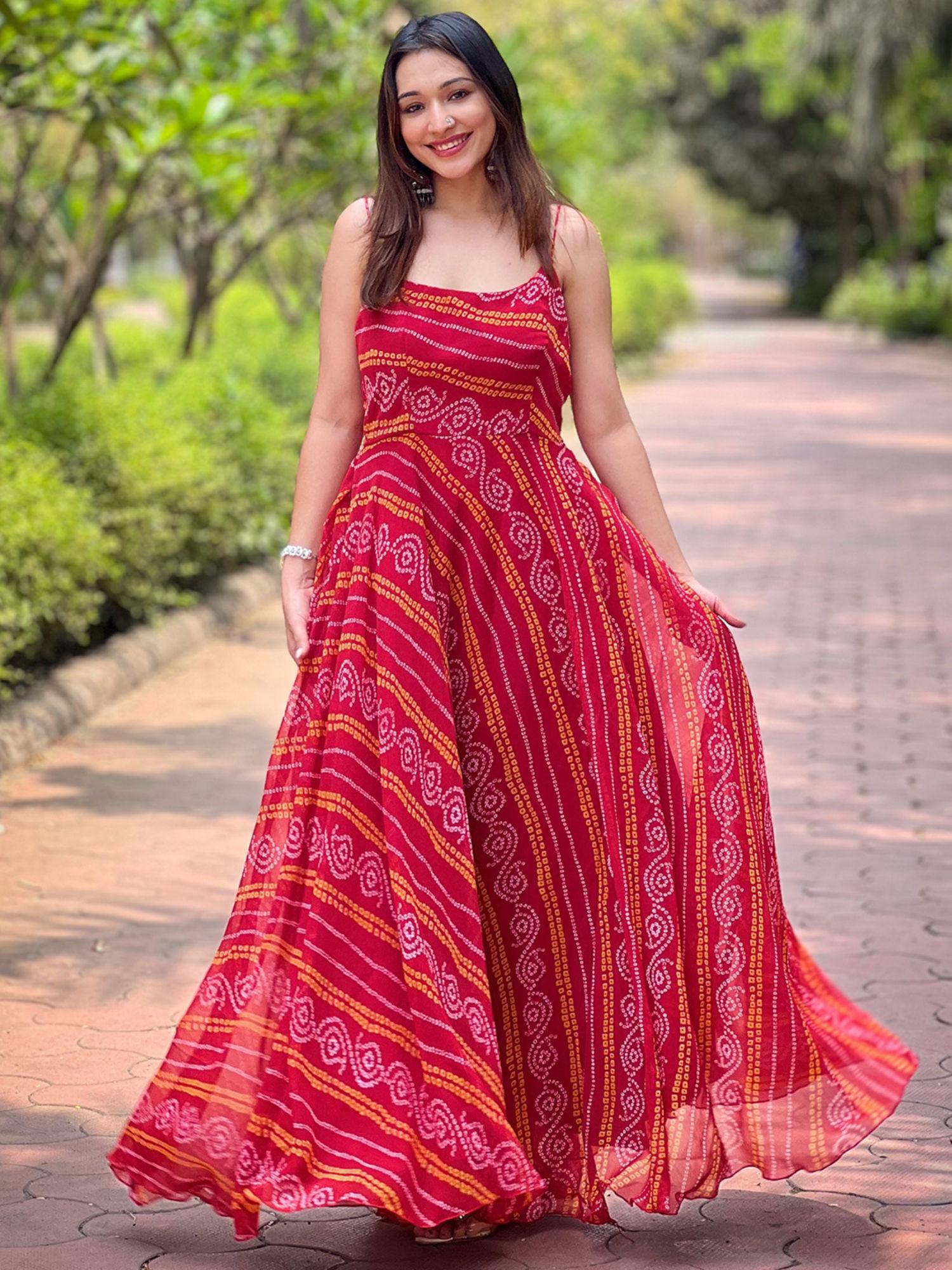 rose red long printed dress