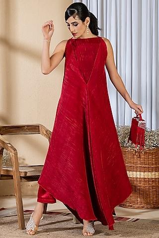 rose red satin pleated draped tunic set