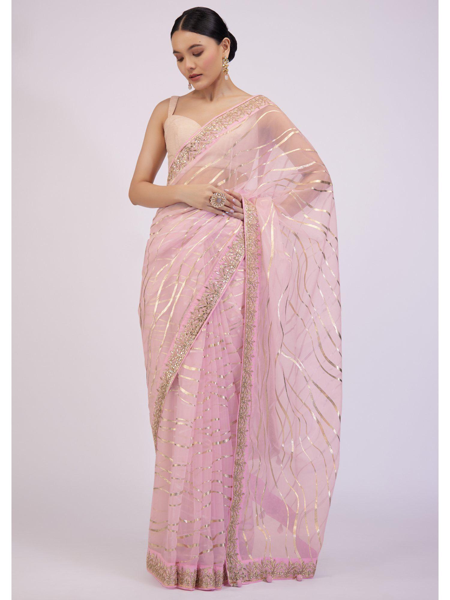 rose shadow pink saree in organza with print and embroidery with unstitched blouse