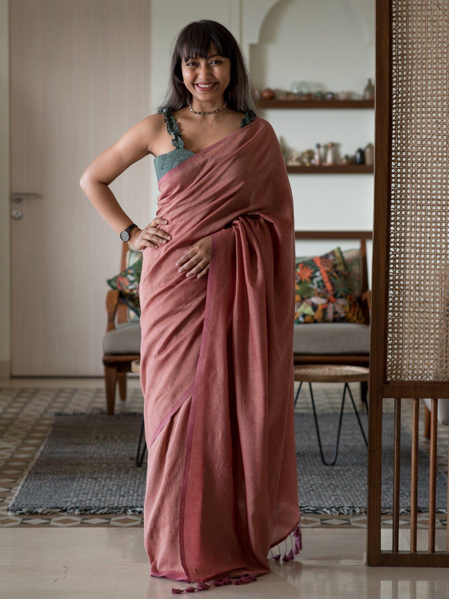 rose solid cotton blend saree without blouse