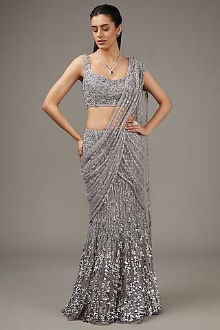 rose steel tulle crystal & sequins embroidered lehenga saree set