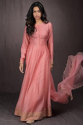 rose tan chanderi anarkali set