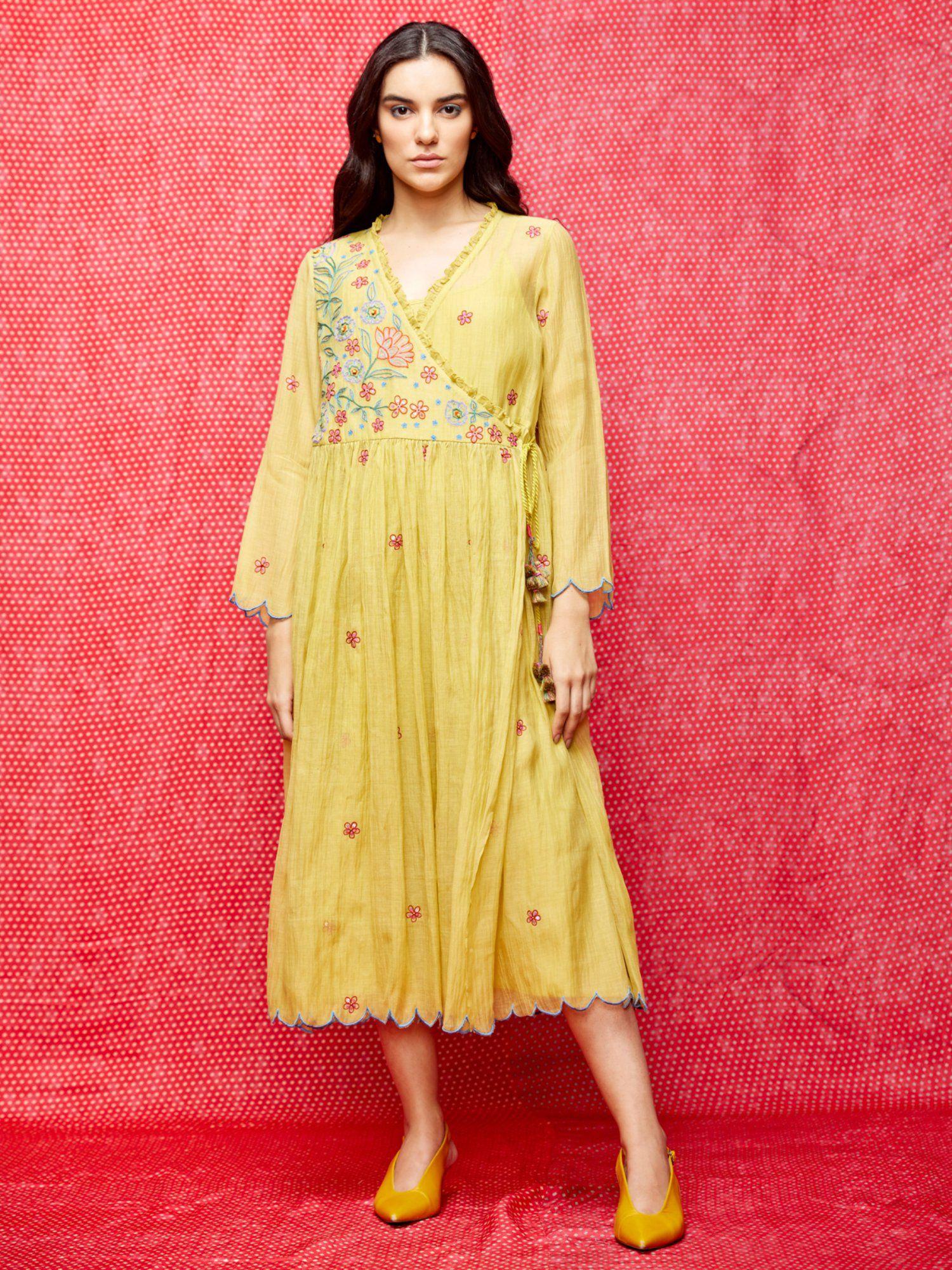 rose yellow embroidered wrap dress