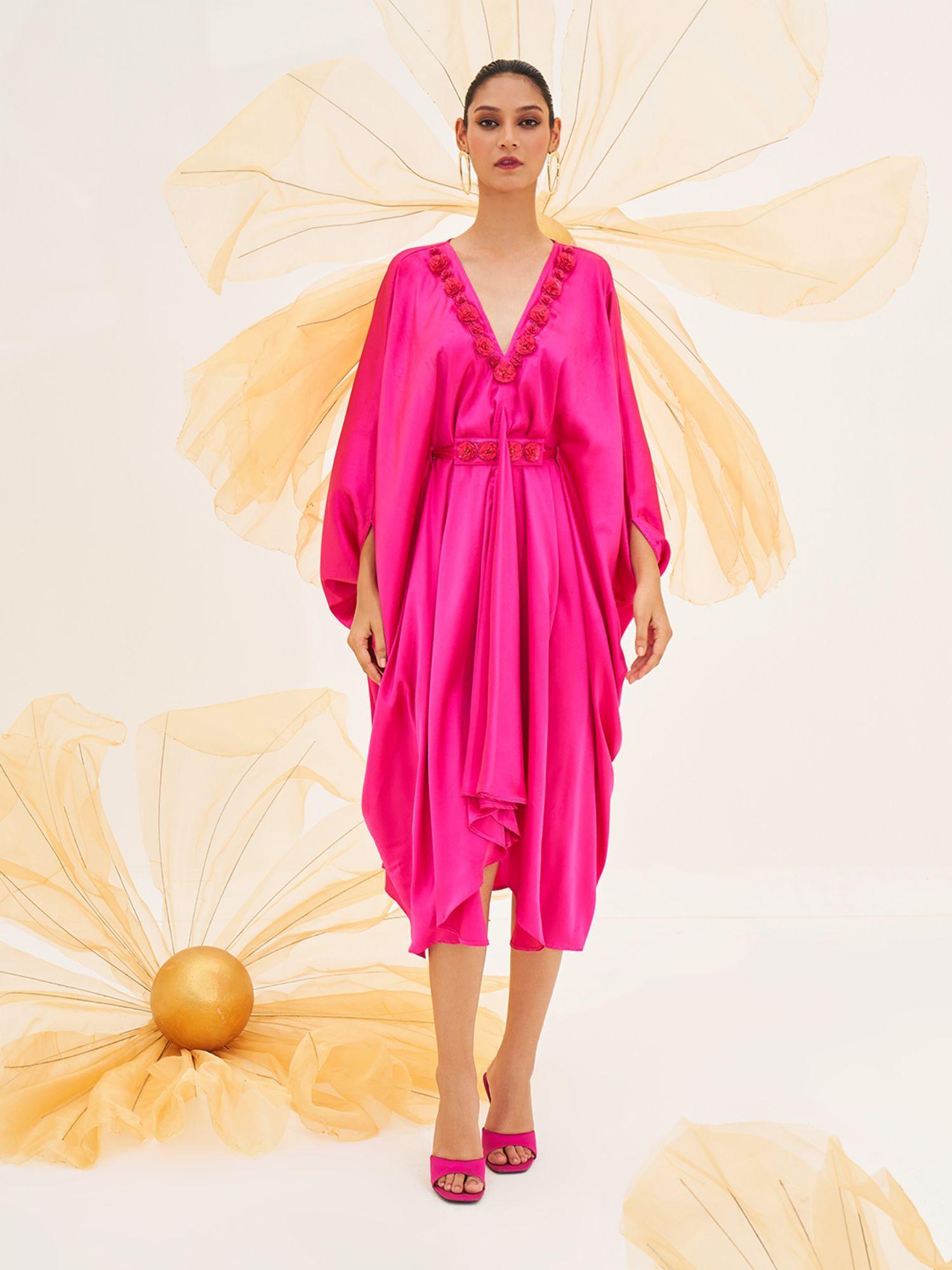 roseate kaftan dress with embellished belt - pink (set of 2)