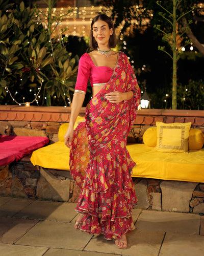 roseate radiance pink printed georgette pre draped saree