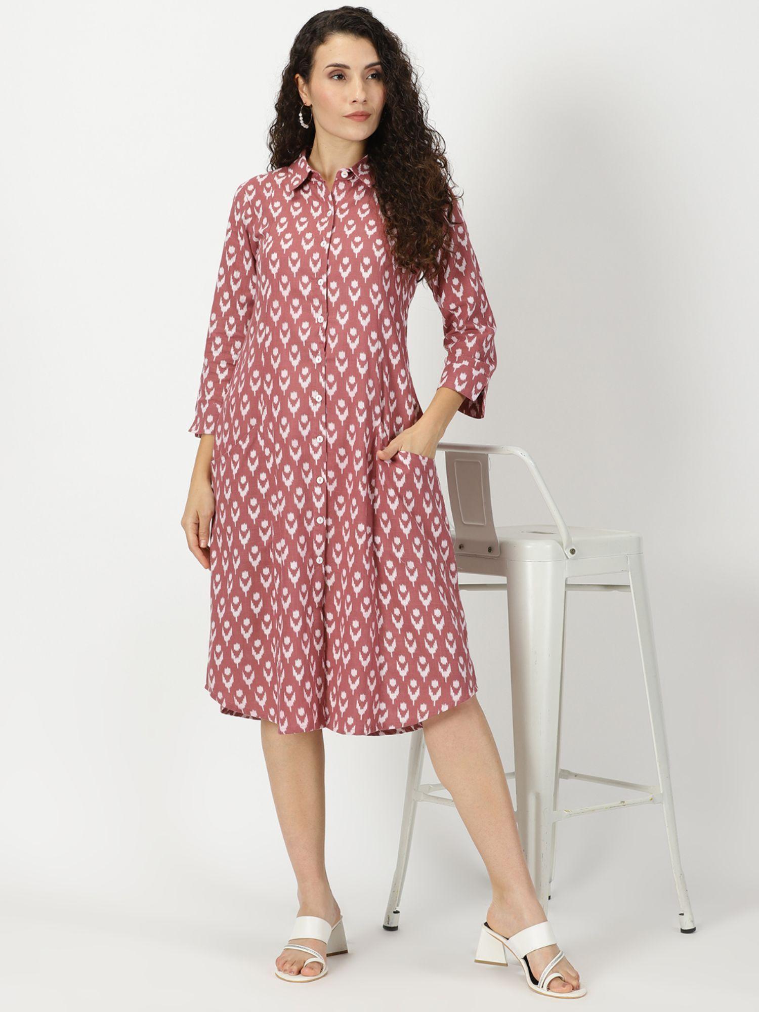 rosewood pink ikat print shirt midi dress