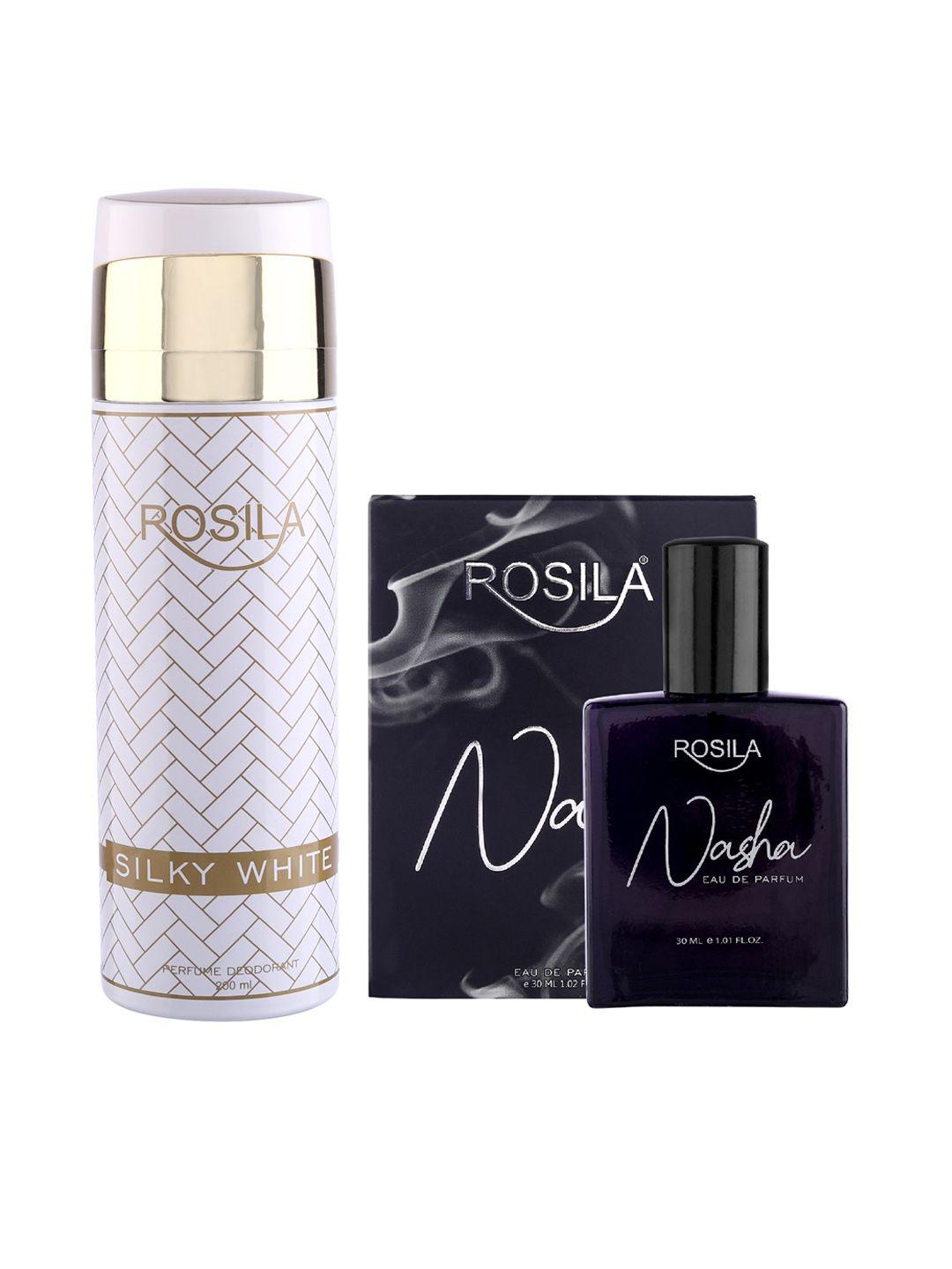 rosila combo of silky white deodorant body spray 200 ml & nasha eau de parfum 30 ml