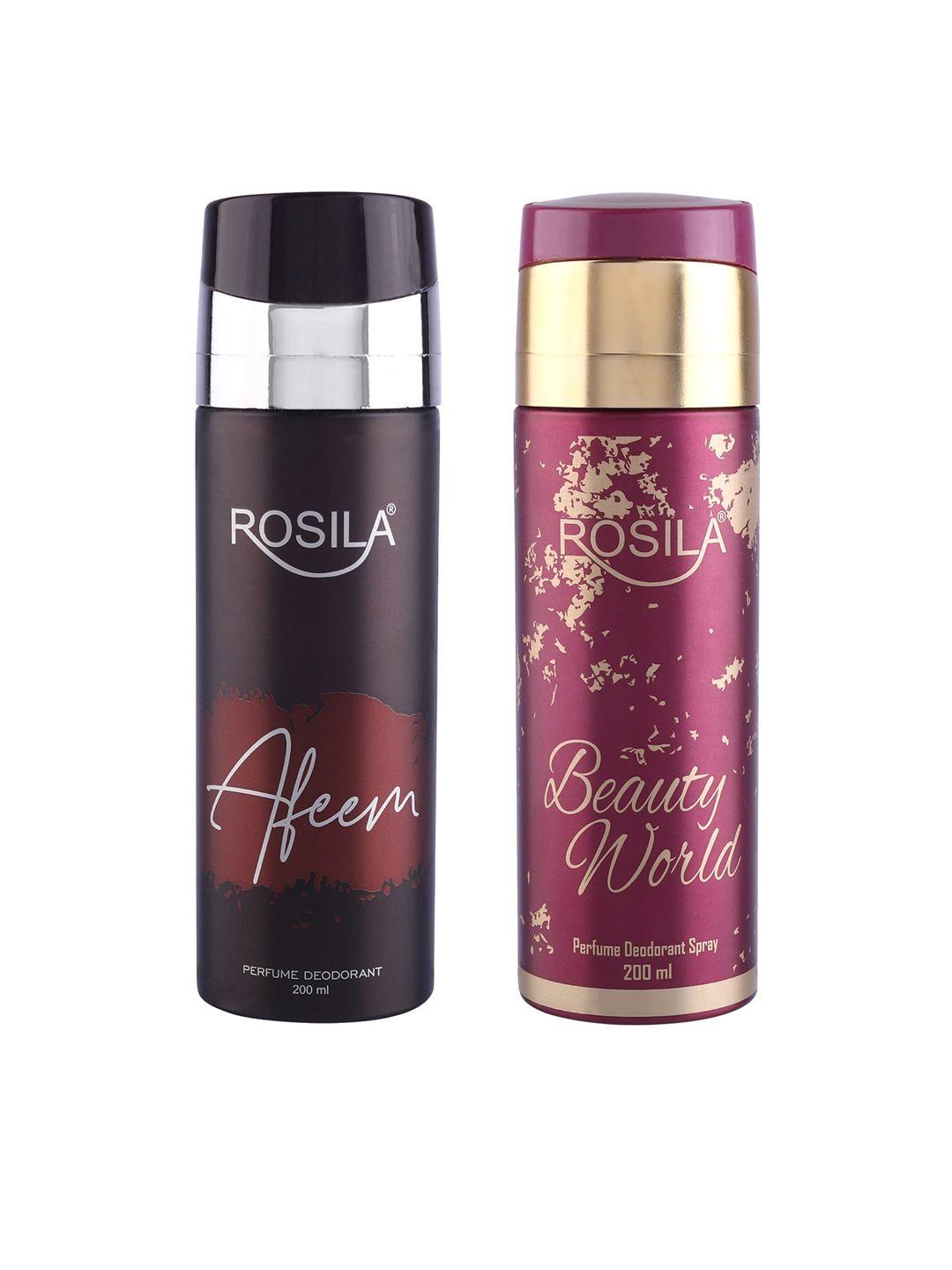 rosila set of afeem & beauty world perfume deodorant body spray 200 ml each