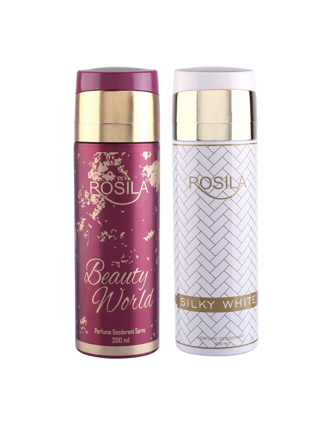 rosila set of silky white & beauty world perfume deodorant body spray 200 ml each