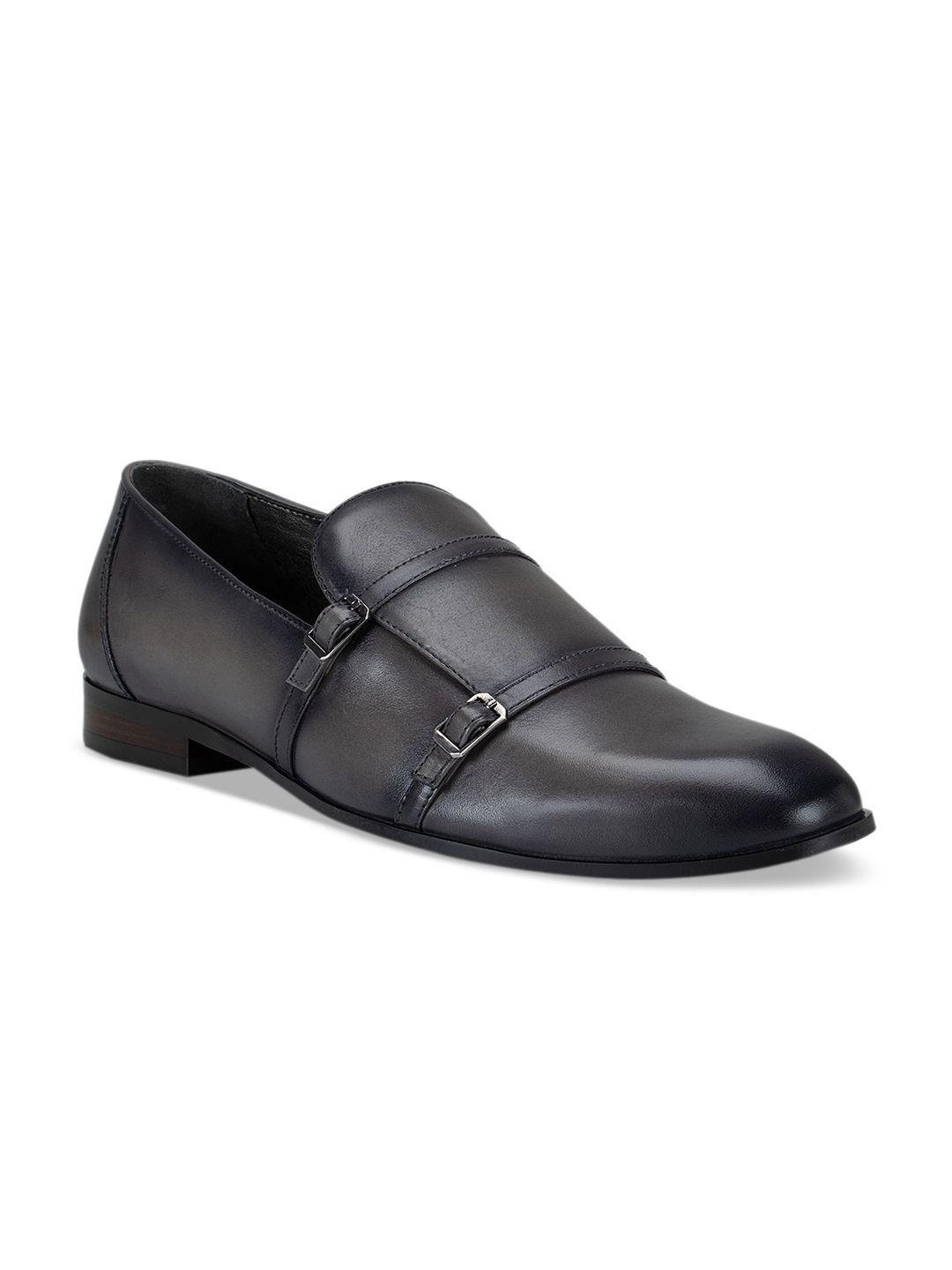 rosso brunello men charcoal grey solid leather formal slip-on shoes