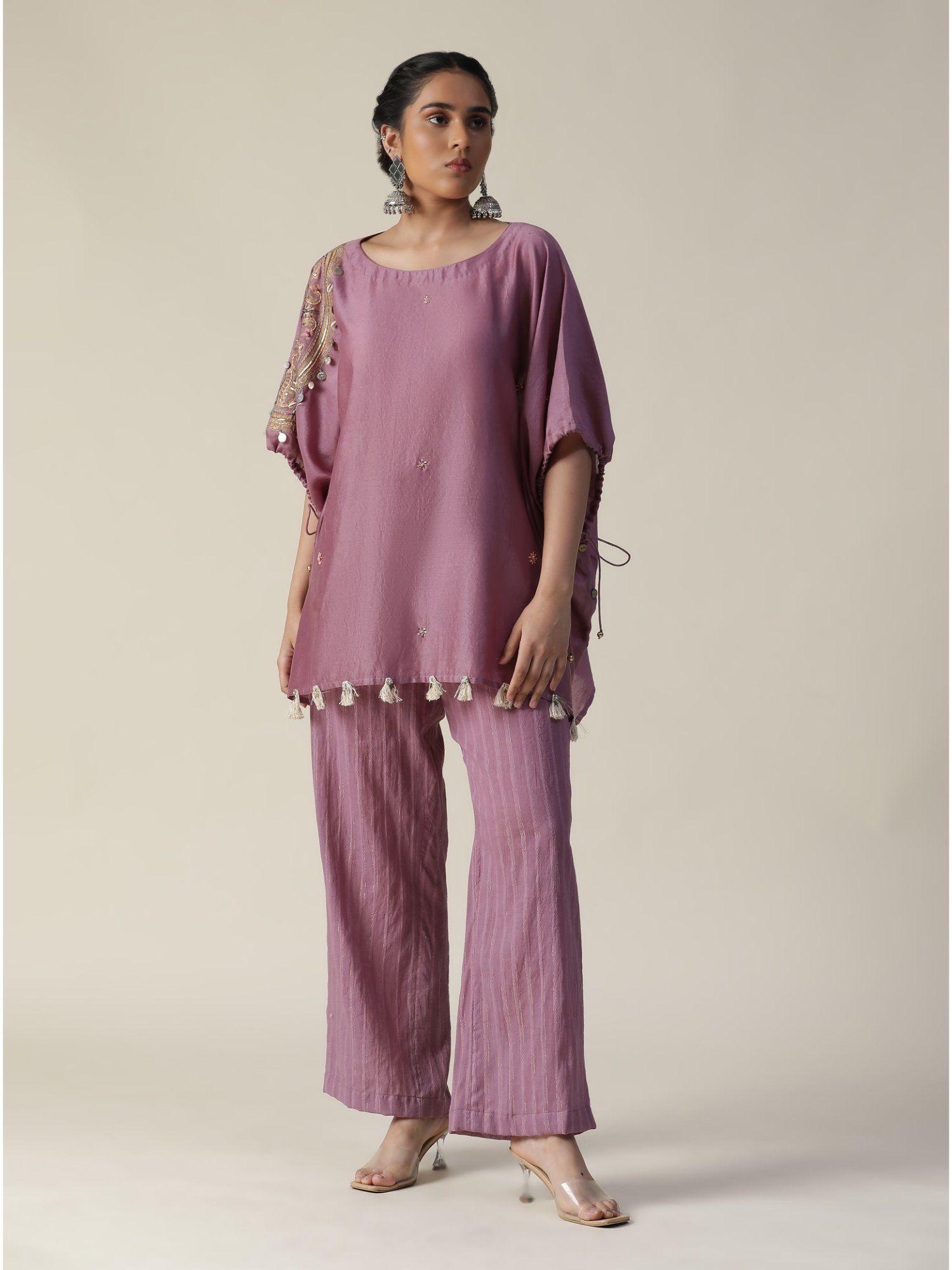 rosy mauve embroidered short kaftan (set of 2)