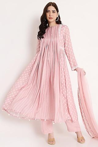 rosy pink embroidered pleated anarkali set