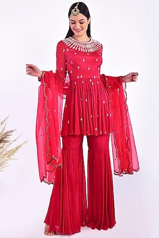 rosy red hand embroidered gharara set