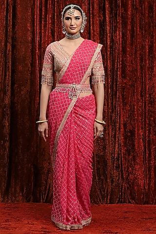 rouge pink georgette gota work saree set