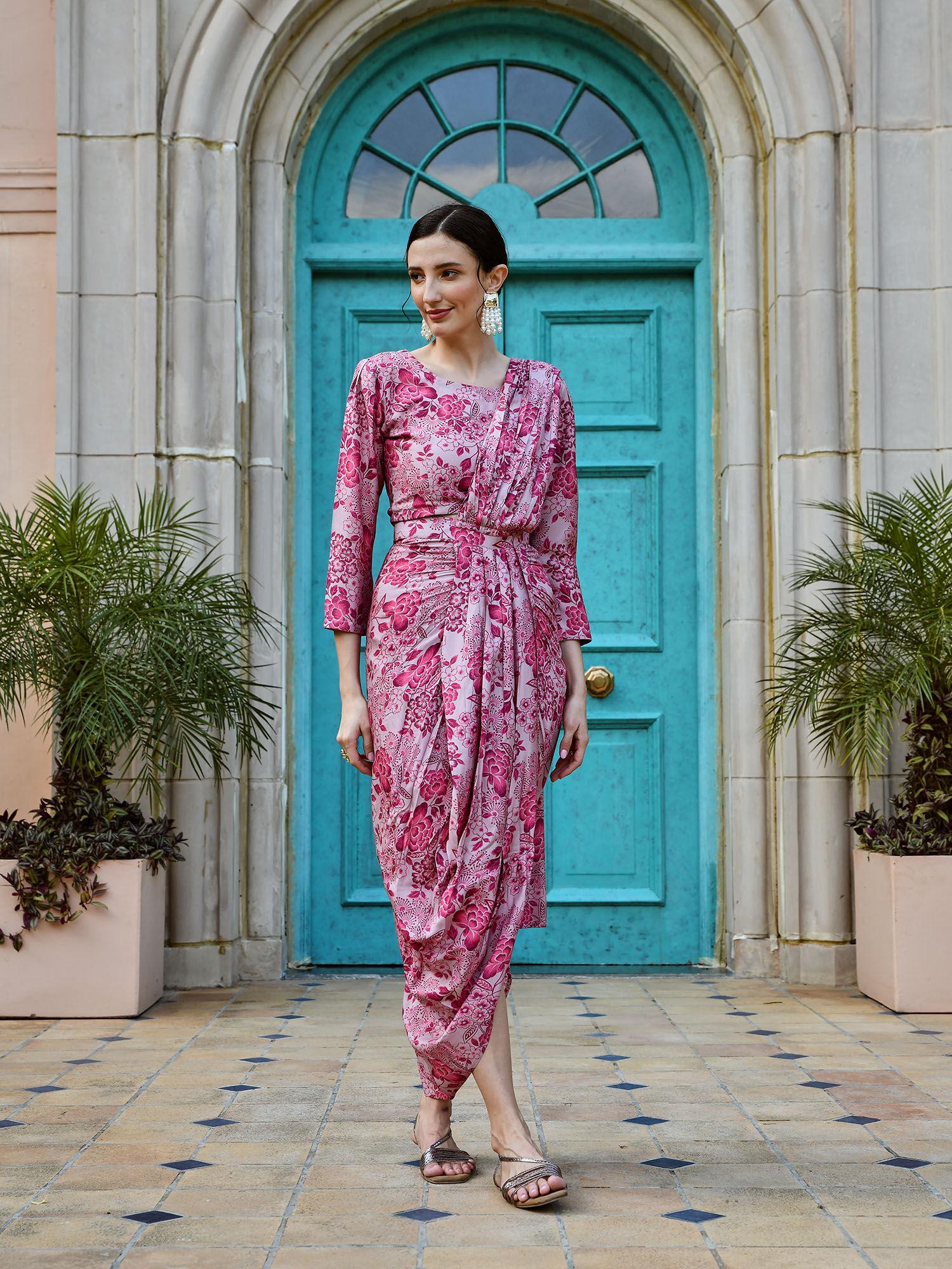 rouge pink muslin pre-draped saree with stitched