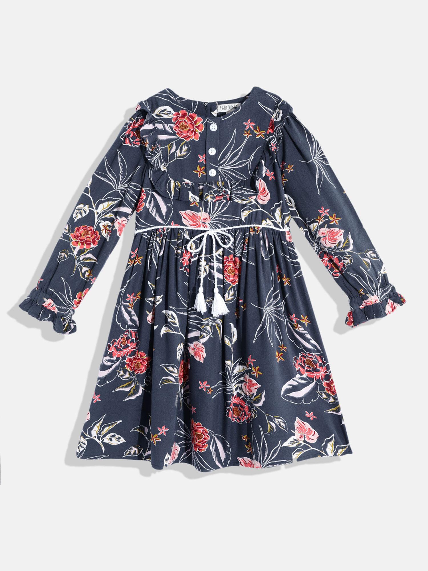 round neck fit & flare casual floral print full sleeve girls dress navy blue