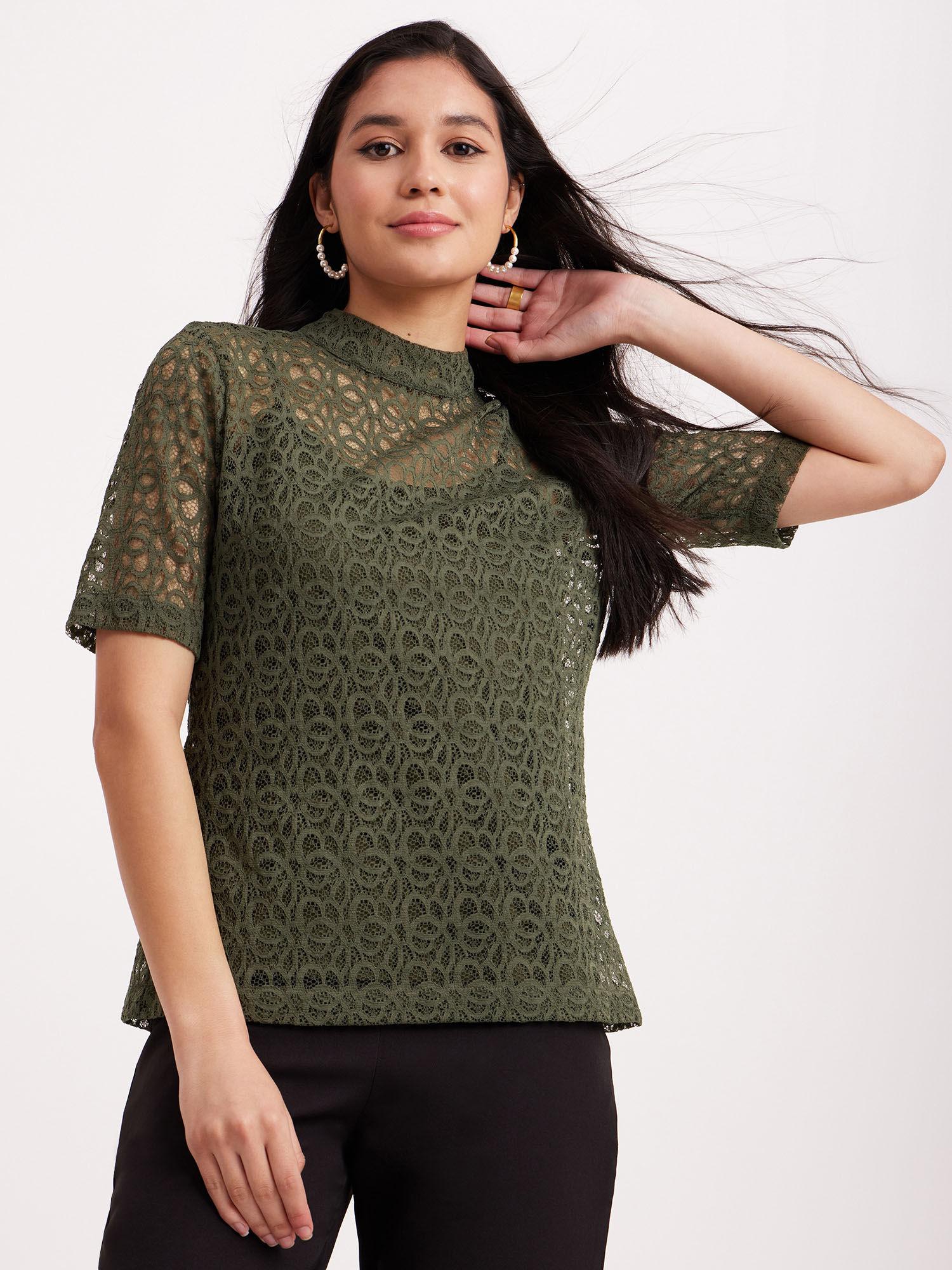 round band neck lace olive top