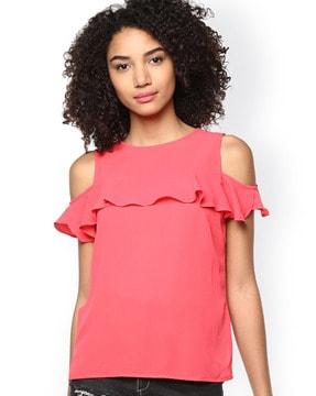 round-neck cold-shoulder top with ruffle