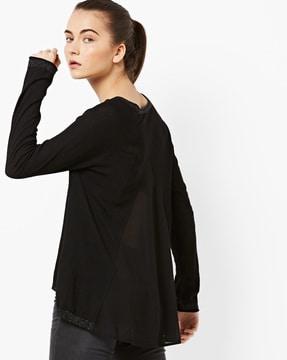 round-neck high-low pullover with raglan sleeves