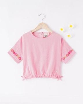 round-neck top with embroidered sleeves