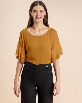 round-neck top with flounce-sleeves