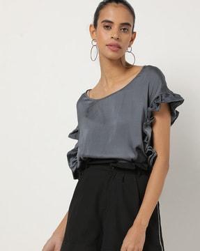 round-neck top with ruffled sleeve hems