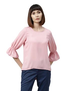 round-neck top with ruffled sleeves