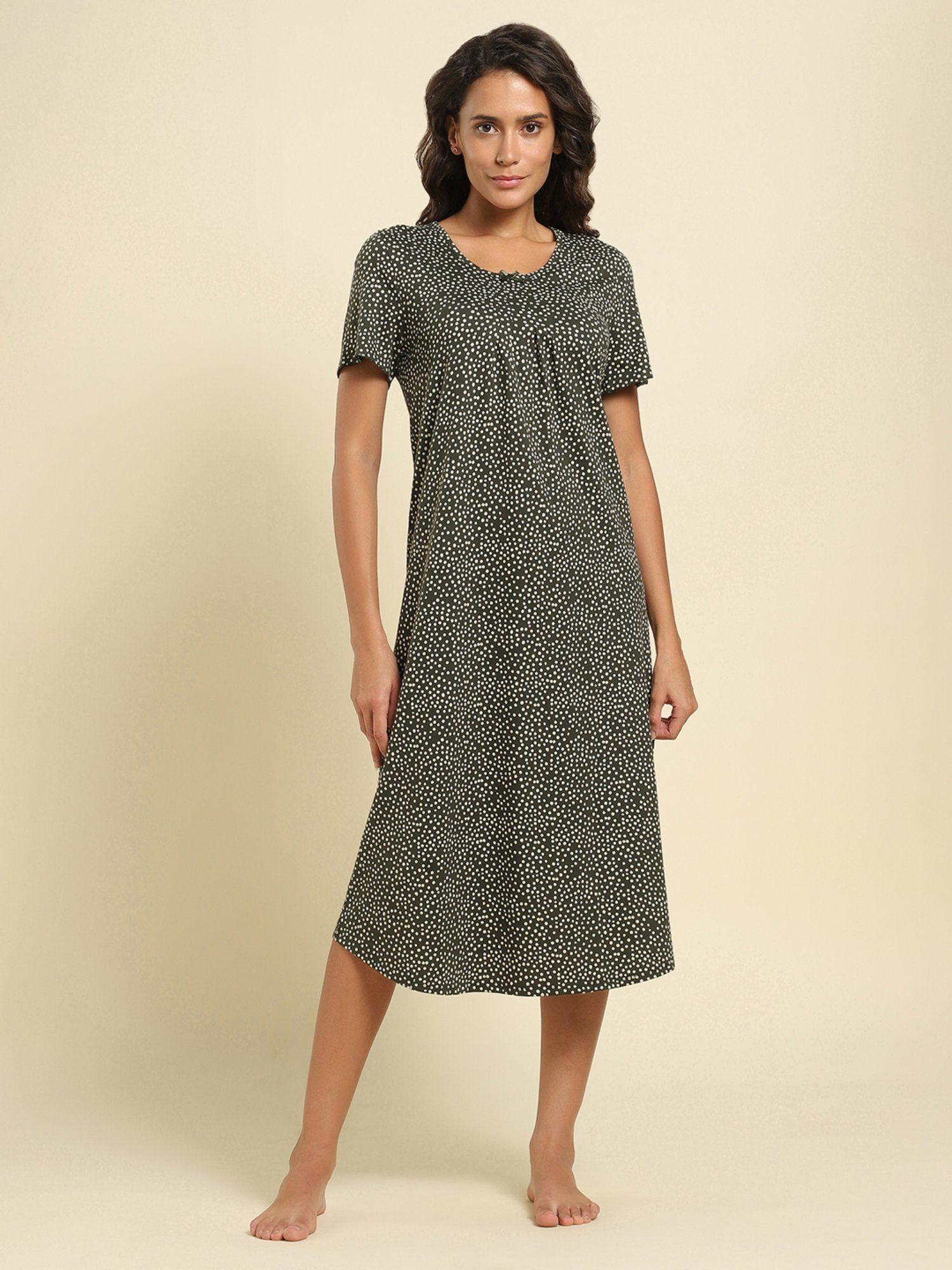 round neck & pleated front night dress olive green