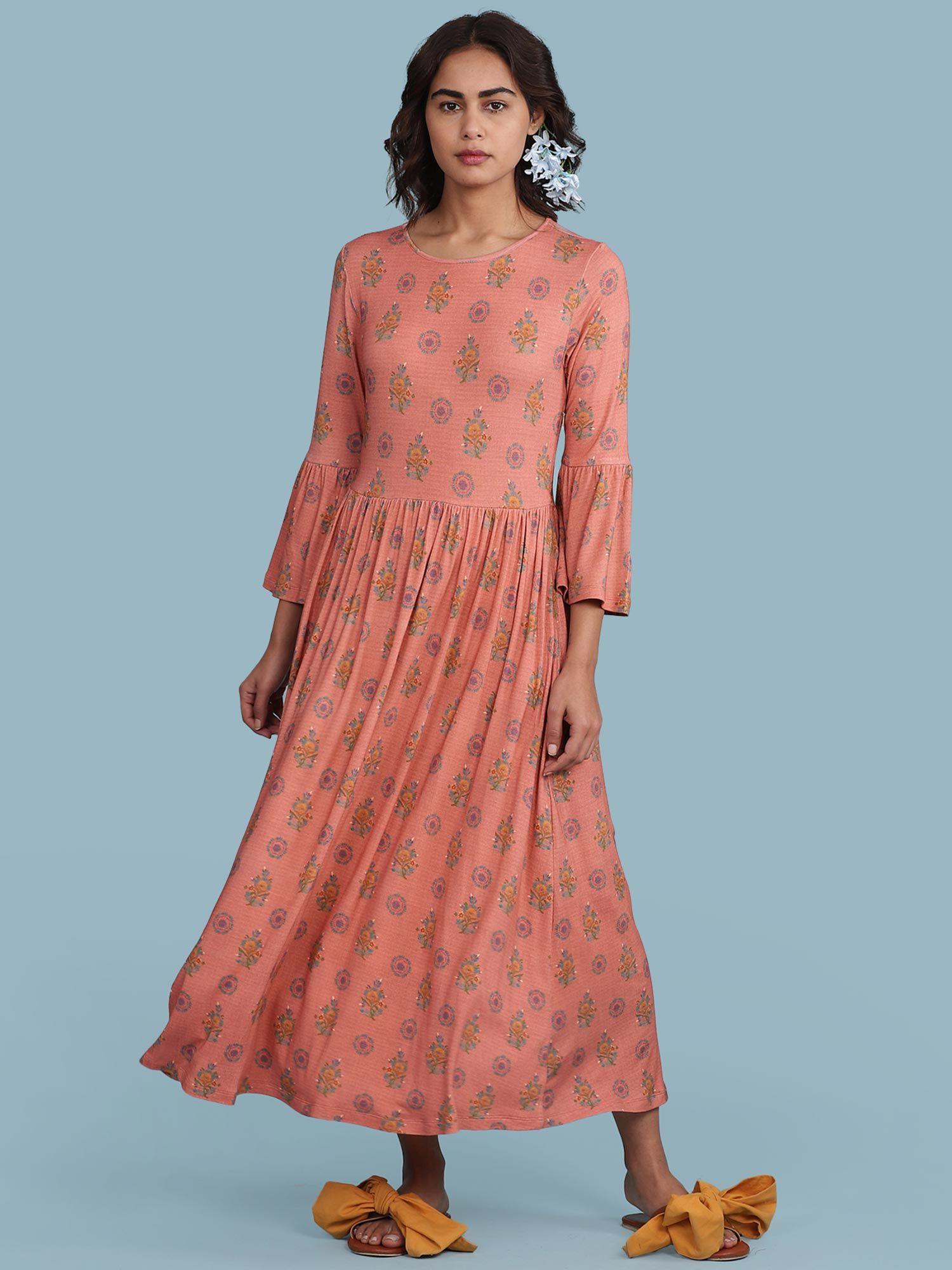 round neck 3/4 sleeve printed long dress