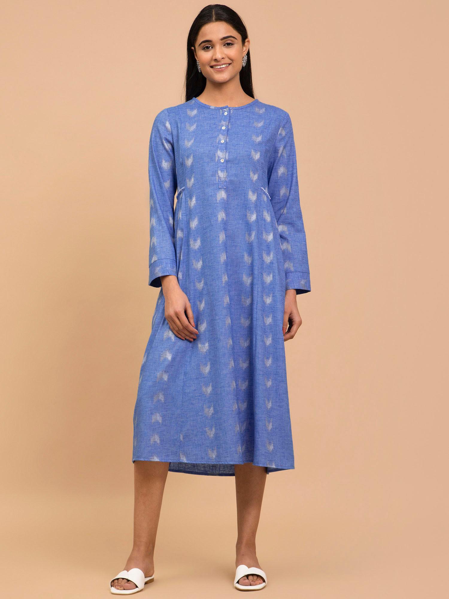 round neck a-line cotton dress - blue