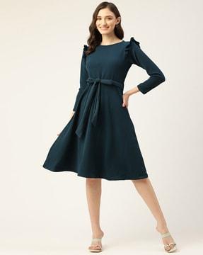 round-neck a-line dress with belt