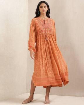 round-neck a-line dress with full-sleeves