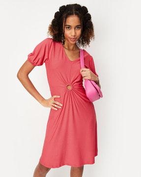 round-neck a-line dress with puff sleeves