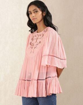 round-neck a-line kurti with embroidered yoke